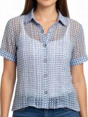 Vintage Y2K Free People Floral Button Up Short Sleeve Top In Blue Size Medium
